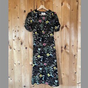 Black floral Louche Button Top, Tie Back, Midi dress, Size Medium